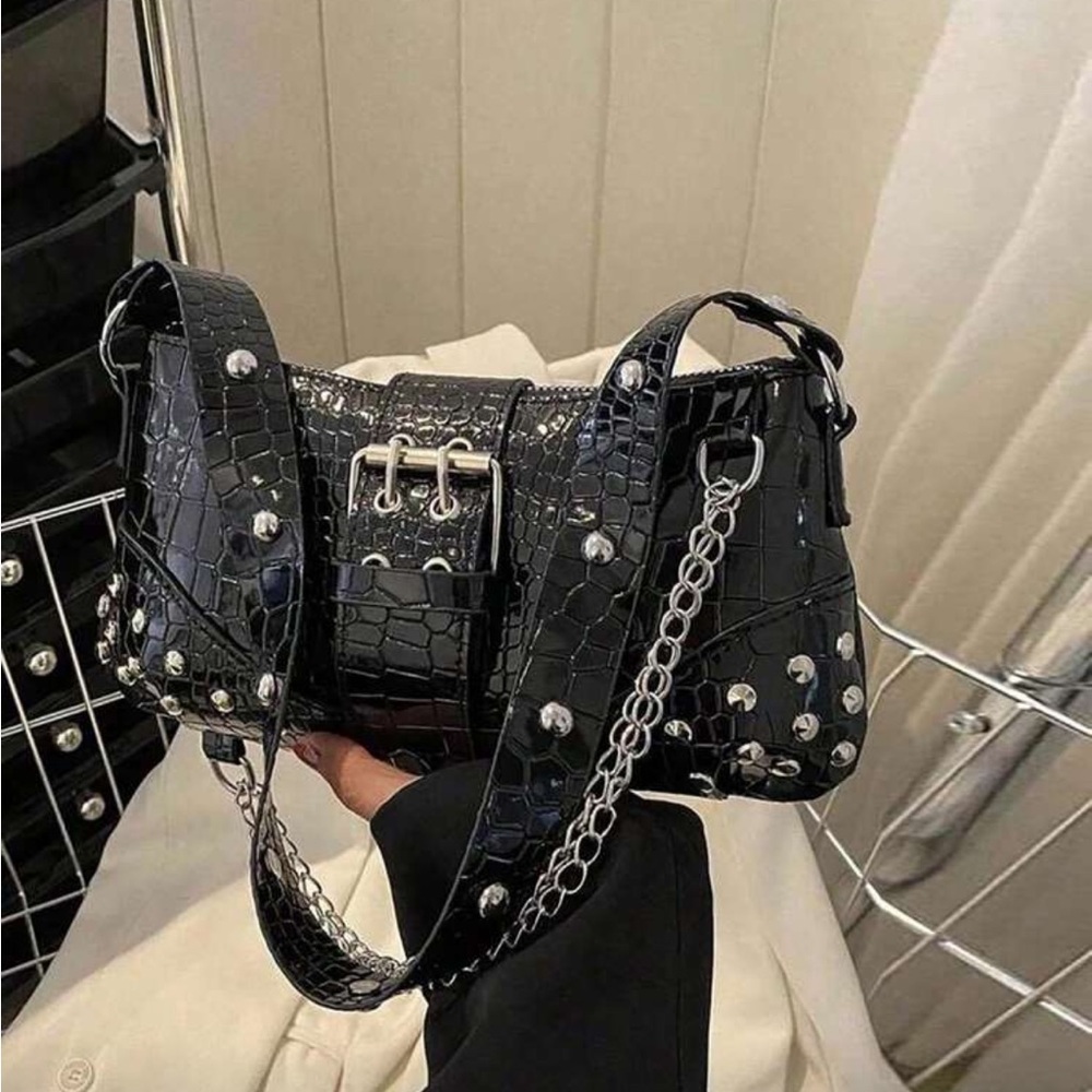 Black Crocodile Shoulder Bag with Chain
